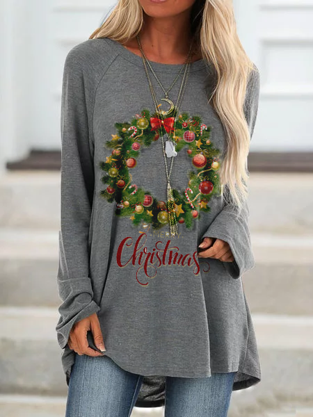 Gray Cotton-Blend Holiday Christmas Top