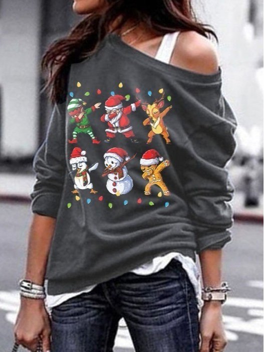 Women Bateau Neck Christmas Snowman Casual Shirts & Tops