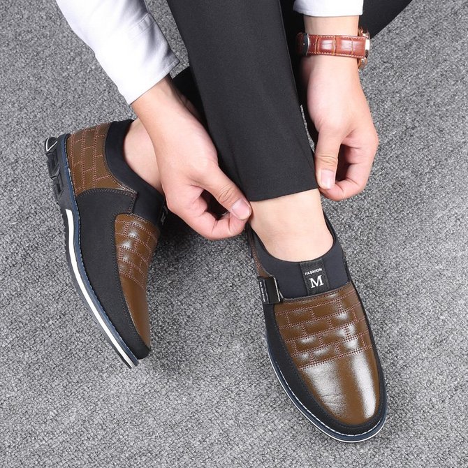 men genuine leather stitching slip on metal decoration non slip casual shoes