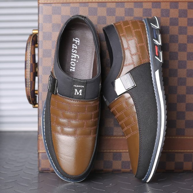 men genuine leather stitching slip on metal decoration non slip casual shoes