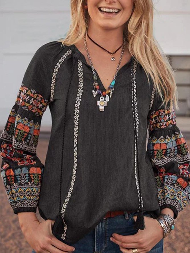 Long Sleeve V Neck Casual Floral Tops