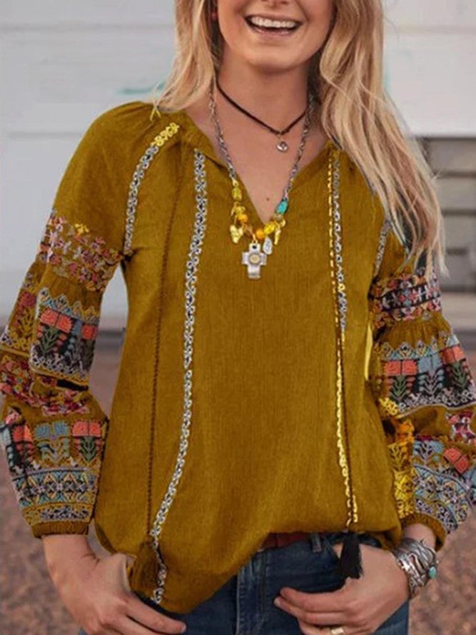 Long Sleeve V Neck Casual Floral Tops
