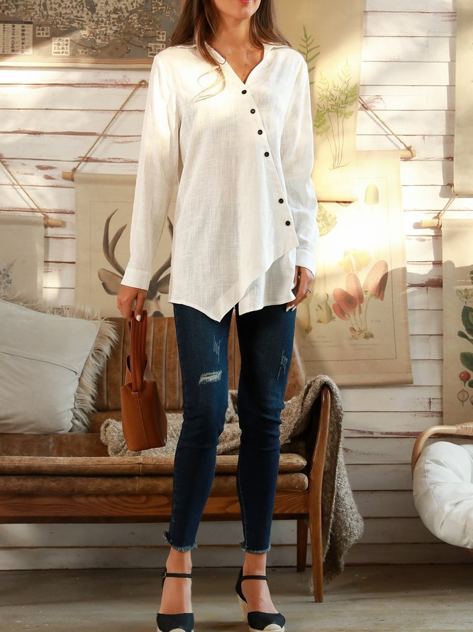 Off White Cotton Long Sleeve Blouse