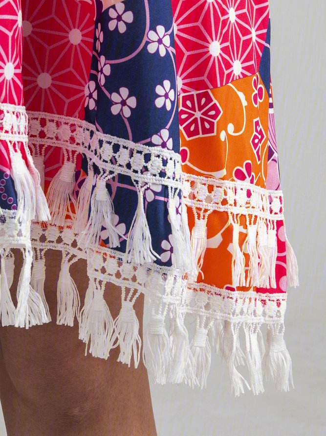Floral Cotton-Blend Half Sleeve Off Shoulder Casual Weaving Dress
