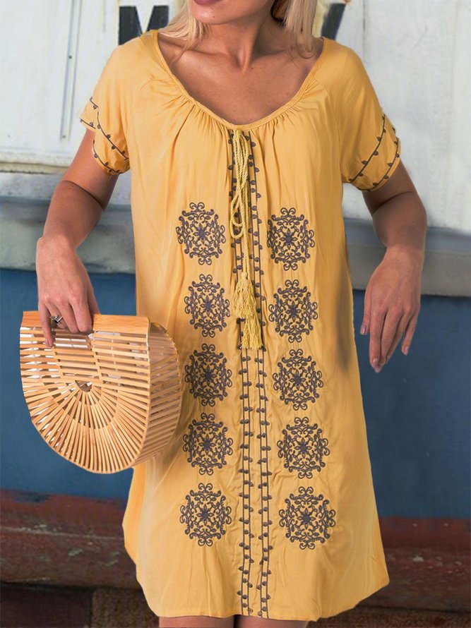 V Neck Women Weaving Dress Holiday Cotton Paneled Weaving Dress