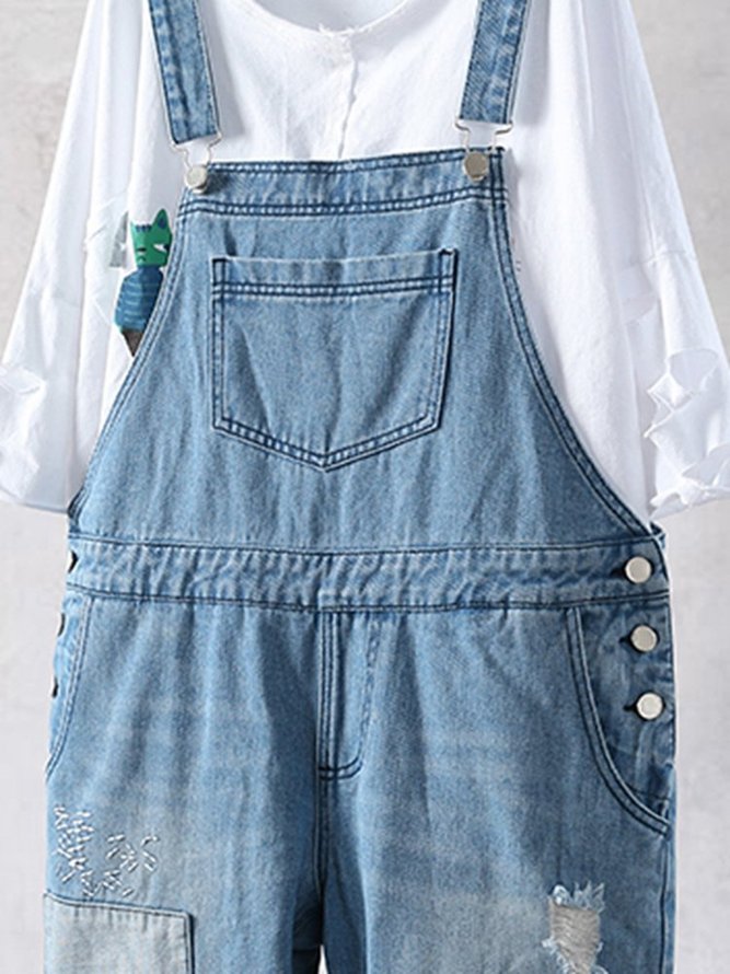 Casual Patchwork Washed Style Suspender Pants Jeans