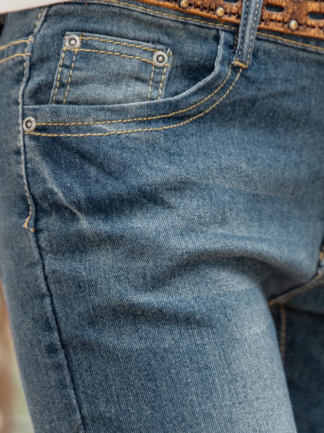 Women Solid Elegant Jeans Zipper Pocket Casual Statement