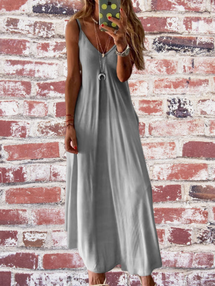 Gray V Neck Sleeveless Cotton Dresses