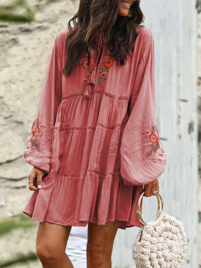 Plus Size Long Sleeve Floral Tassel Charm Elegant Casual Mini Weaving