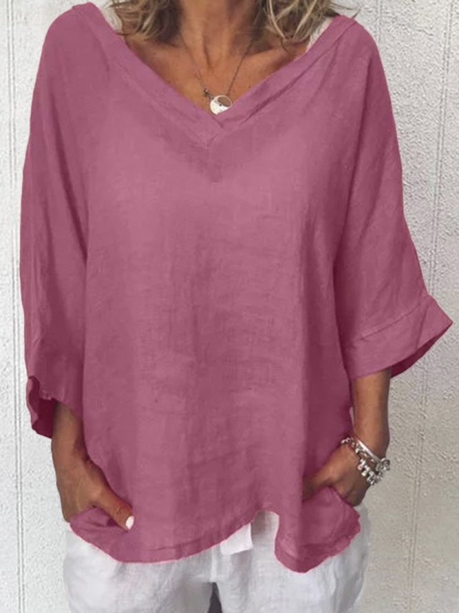 Plus Size Casual Solid V Neck 3/4 Sleeve Tops