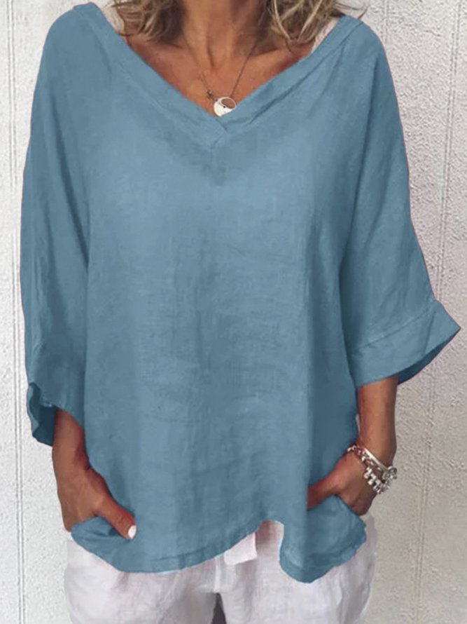 Casual Solid V Neck 3/4 Sleeve Top