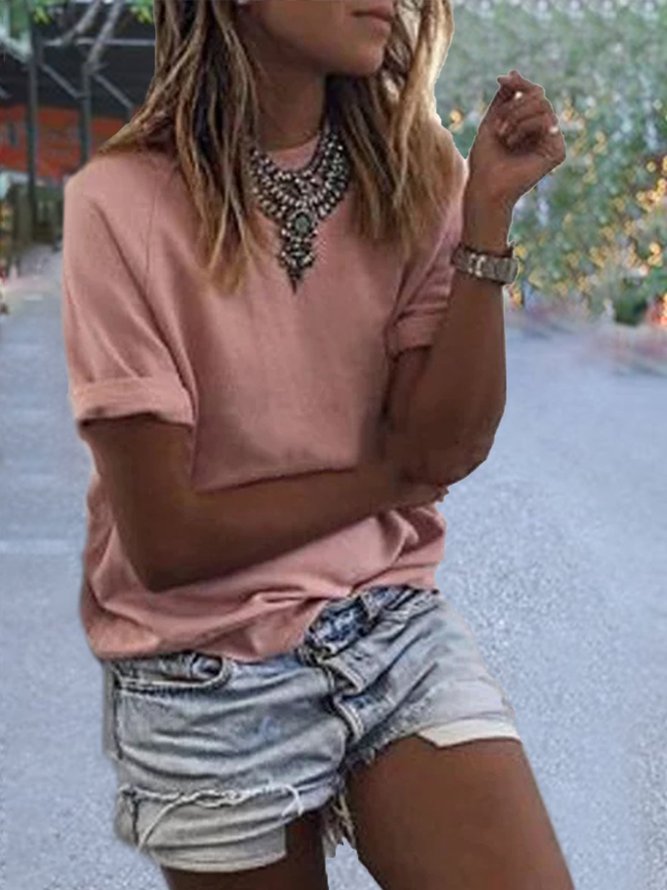 Solid Crew Neck Short Sleeve Blouse