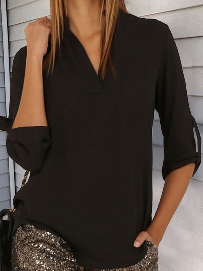 3/4 Sleeve Solid V Neck Casual Plus Size Blouse