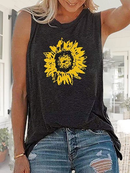 Crew Neck Floral-Print Sleeveless Casual Shirts & Tops