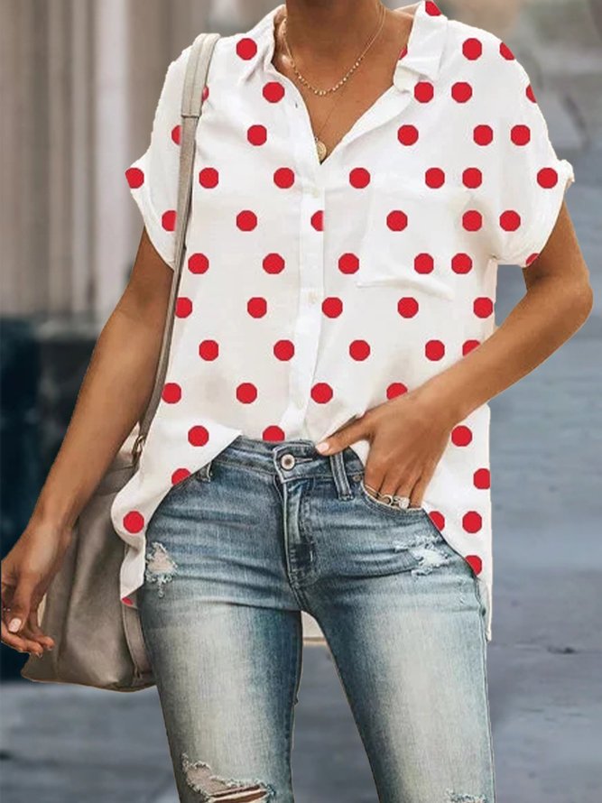 Plus Size Casual Shirt Collar Polka Dots Blouse