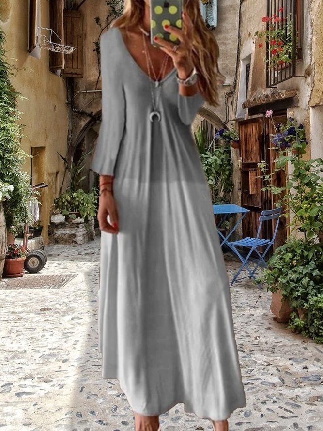 Graphic Printed Casual V-neck Long Sleeve Maxi Dress