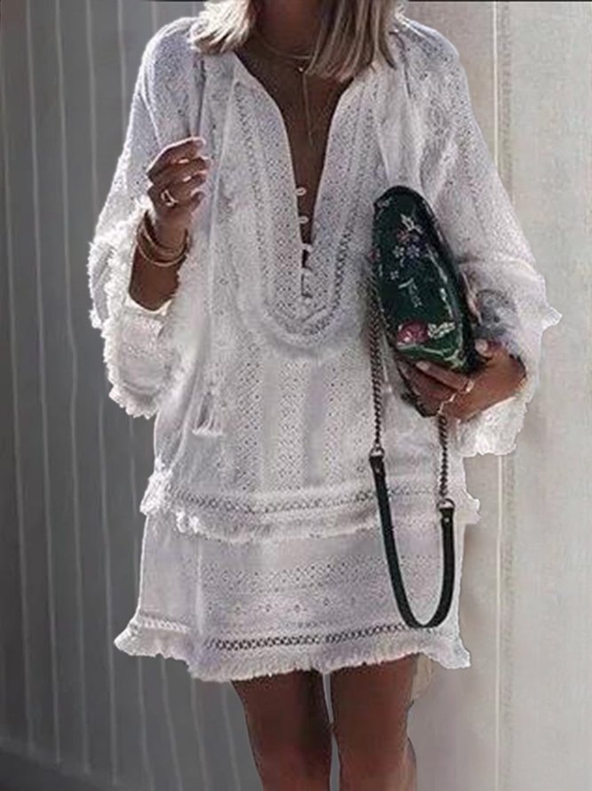 White Smock Dress Tassel Boho Girly Holiday Summer Plain Simply V Neck Short Shift Dress