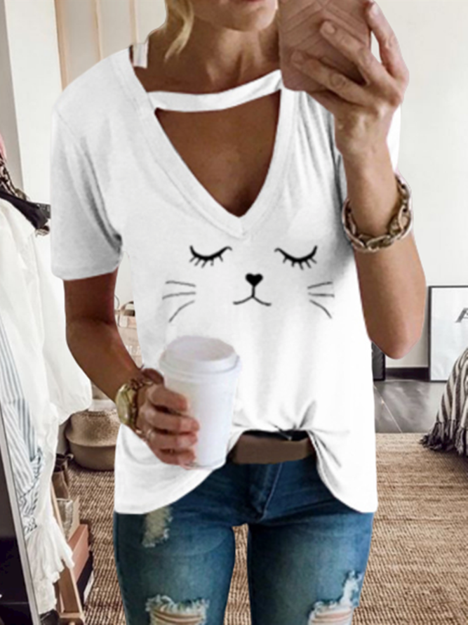 Cat Printed Short Sleeve Cutout Casual T-shirt