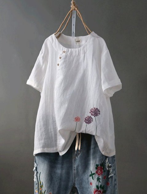 Casual Short Sleeve Embroidered Floral Crew Neck Vintage Tops