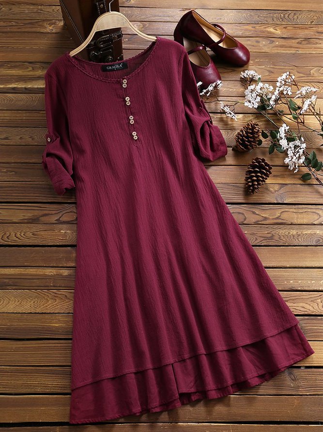 3/4 Sleeve Cotton Casual Buttoned Dresses Dresses Anniecloth Casual