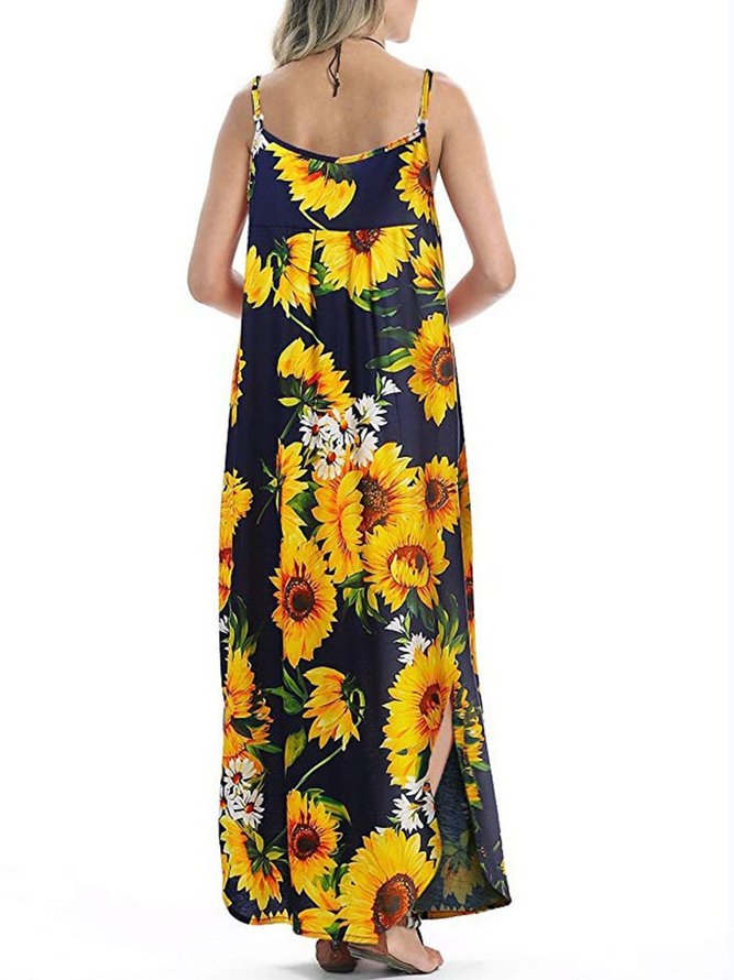 Sunflower Printed V-neck Sleeveless Holiday Pockets Maxi Dress | anniecloth
