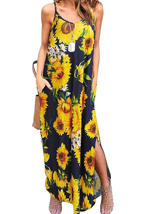 Sunflower Printed V-neck Sleeveless Holiday Pockets Maxi Dress | anniecloth