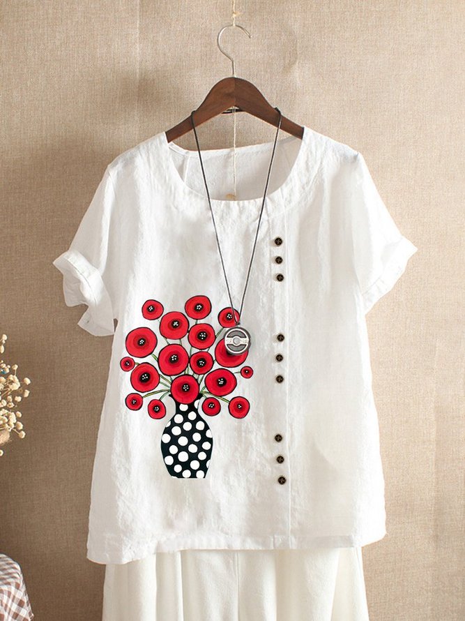 Casual Floral Short Sleeve Crew Neck Tops
