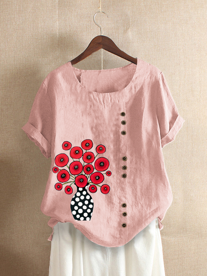 Casual Floral Short Sleeve Crew Neck Tops