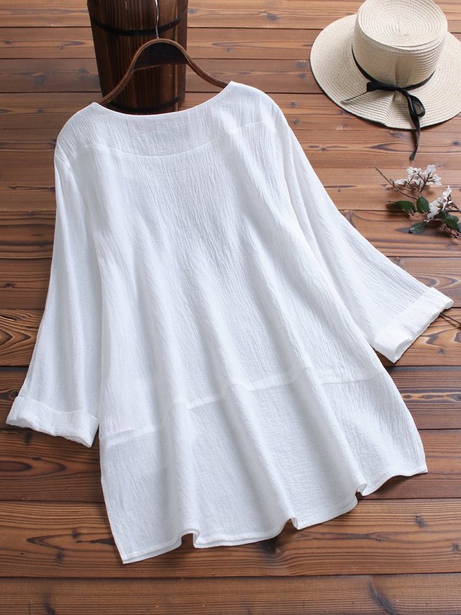 Round Neck A-Line Casual 3/4 Sleeve Tops