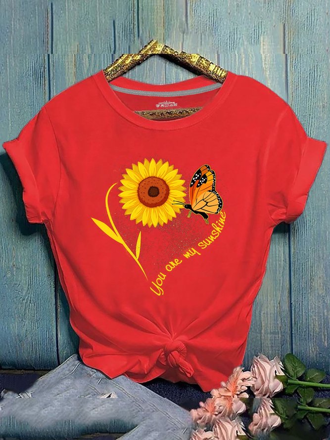 Short Sleeve Sunflower Casual Crew Neck Cotton T-shirt