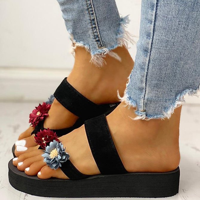 Women Casual Summer Double Flower Comfy Slip On Sandals
