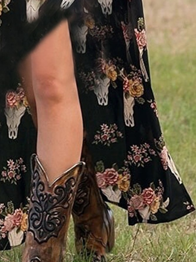 Vintage Boho Horns Floral Printed Short Sleeve V Neck Casual Holiday Weaving Dress