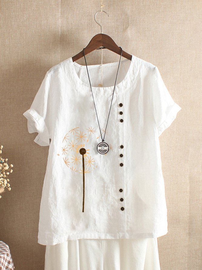 Cotton-Blend Short Sleeve Printed Tops