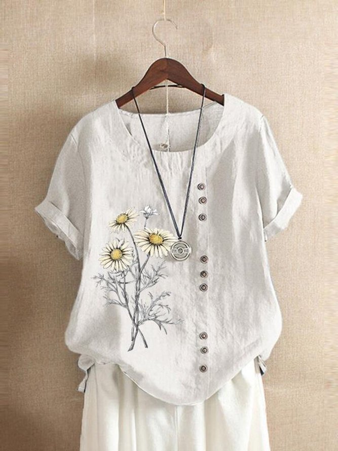 Floral Simple Short Sleeve Cotton Tops