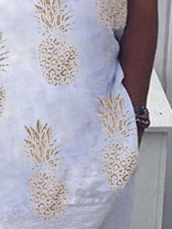 White Floral-Print Pineapples Short Sleeve Casual Tops
