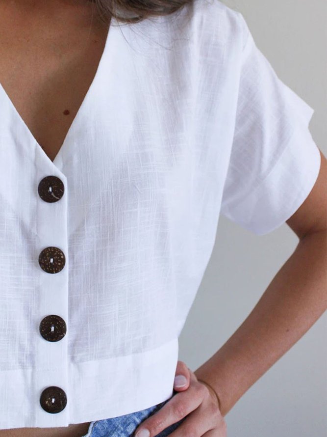 Women V-Neck Buttoned Solid Casual Blouses