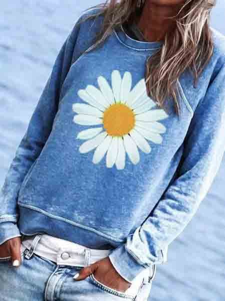 Blue Cotton-Blend Crew Neck Floral Casual T-shirt