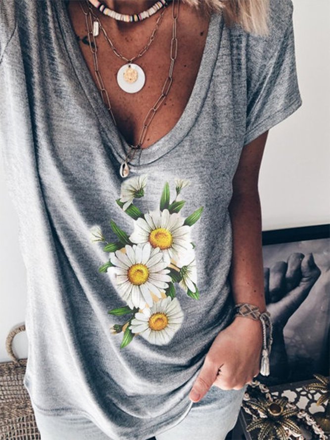 Gray Floral Casual V Neck Tops