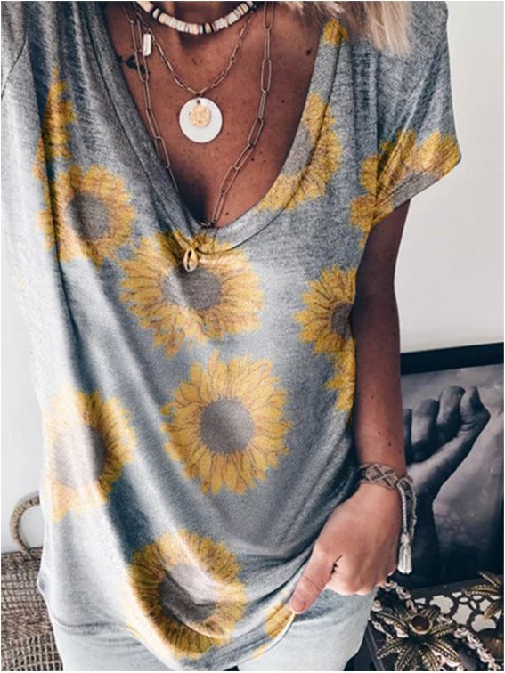 Gray Abstract Casual Cotton-Blend Tops