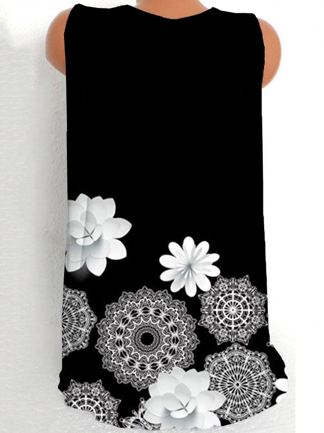 Black Floral Casual Floral-Print Tops