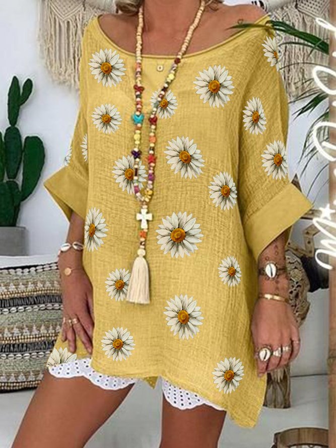 Yellow Casual Floral Cotton-Blend Tops