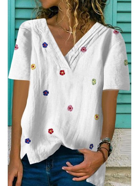 Crew Neck Linen Floral Loose Blouses-image-8439386