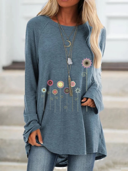 Casual Floral Crew Neck Long Sleeve Tops Tunics