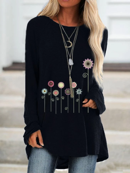 Casual Floral Crew Neck Long Sleeve Top Tunics