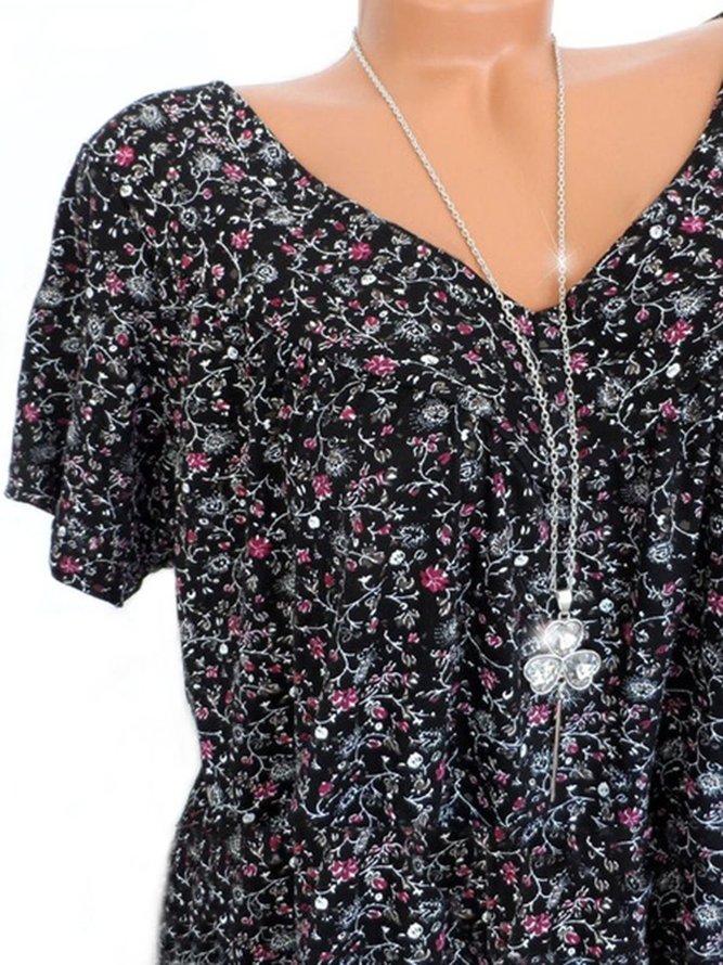 Women's Casual V Neck Floral Short Sleeve Top