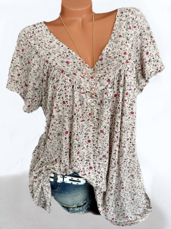 V Neck Casual Loose Floral Blouse