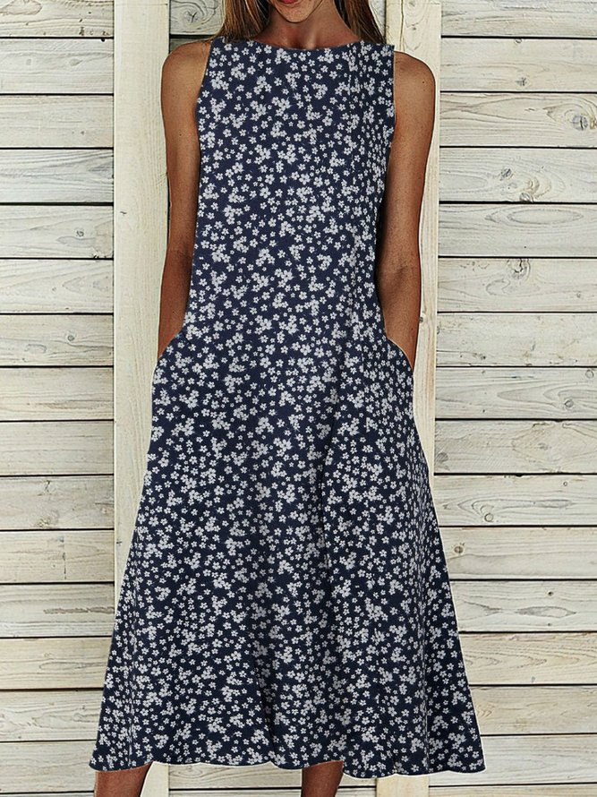 Women's Floral Pockets Maxi Dress Summer Sleeveless Weaving Dress