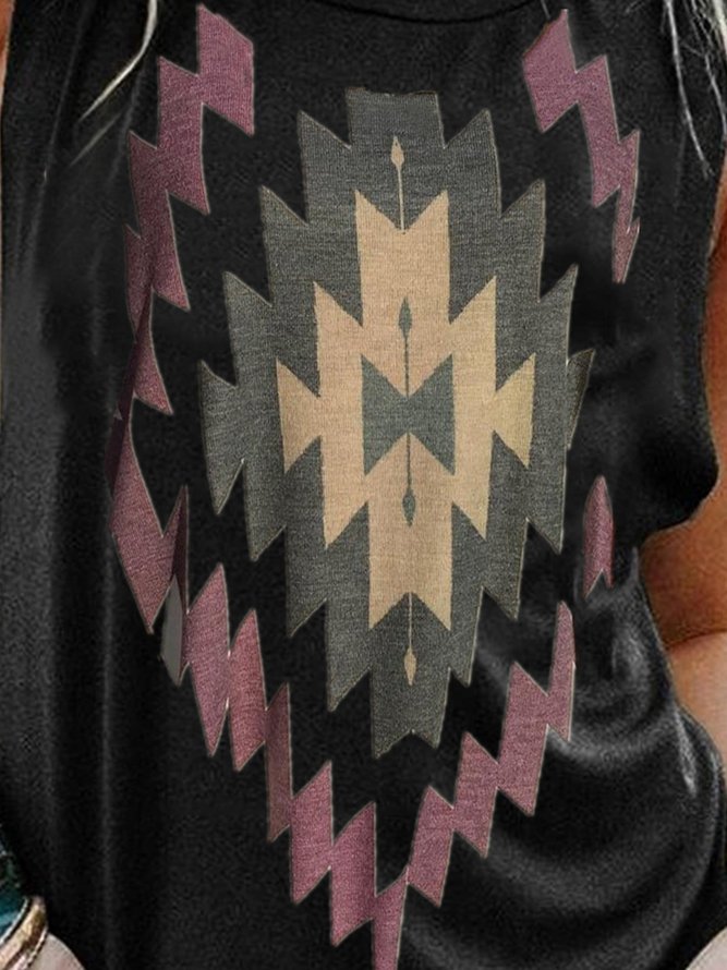 Vintage Sleeveless Boho Geometric Printed Crew Neck Plus Size Casual Vest Tops