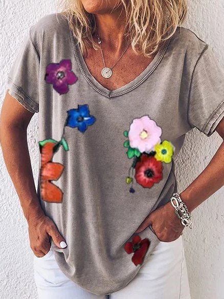 Floral Short Sleeve V Neck Cotton-Blend T-shirt