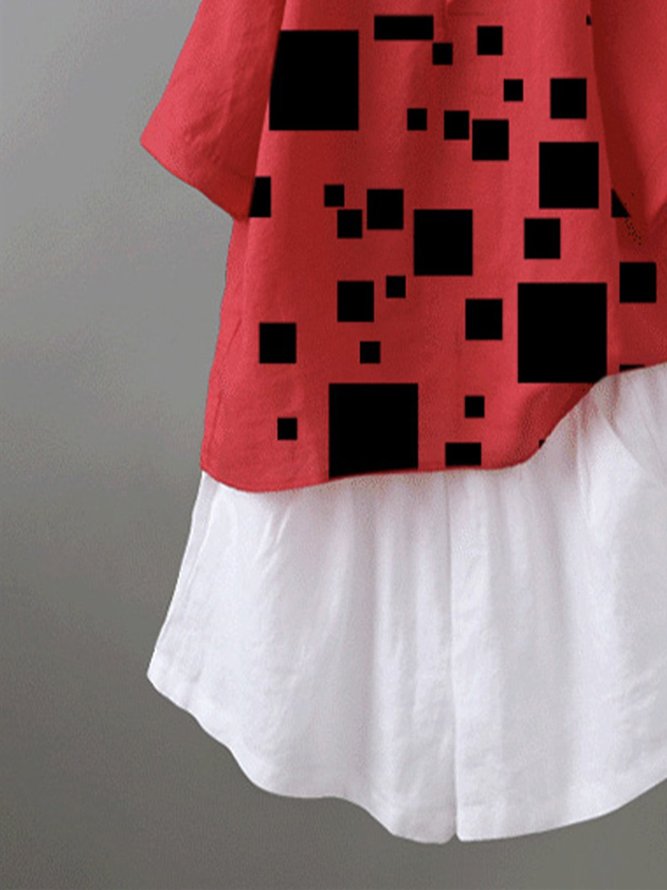 Red Cotton-Blend Short Sleeve Geometric Tops